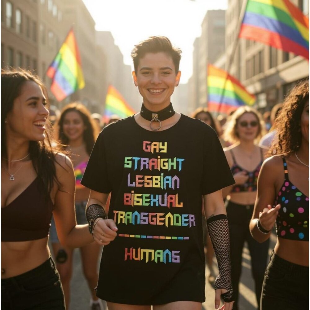 Club Exx ✦ Human Nature Glitter Tee ✦ Black Rainbow Pride Graphic Crew Neck L - Picture 2 of 5